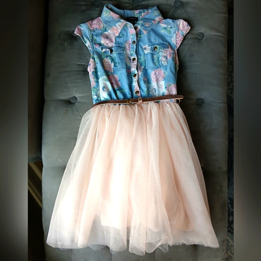 Girls Blue Jean and Tulle Belted Dress